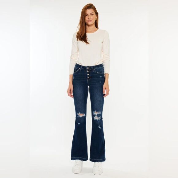 KanCan Jaden Mid Rise Flare Jeans Petite NWT Distressed Flare Jeans Size 9 - Picture 1 of 15